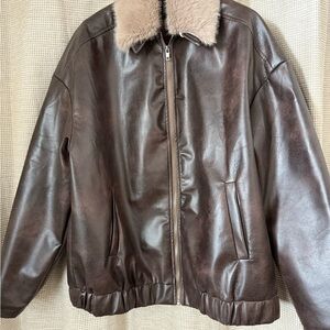 Brown Leather-like Jacket with Fur Collar